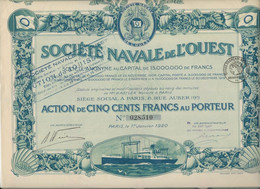 SOCIETE NAVALE DE L'OUEST - ACTION ILLUSTREE DE CINQ CENT FRANCS -- ANNEE 1920 - Scheepsverkeer