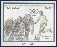 Guyana 1993 Atlanta Olympics Cycling Football Silver Imperf. S/S "Tour De France 1993" Overprint MNH** Argent Very Rare - Radsport