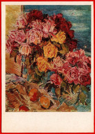 31225 Korovin Flowers Roses Bouquet Still Life Orange Apple 1980 USSR Soviet Art Clean Card - Malerei & Gemälde