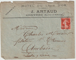 4370 Lettre Cover 1909 Entête Publicitaire ARTAUD HOTEL DU LION D'OR CONTRES Amboise Mercier - 1921-1960: Modern Period