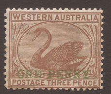 AUSTRALIA / WESTERN. SWAN. OVERPRINT FLAW – FULL STOP BETWEEN “ONE” & “PENNY”. 1d ON 1 1/2d BROWN. MINT NO GUM - Mint Stamps