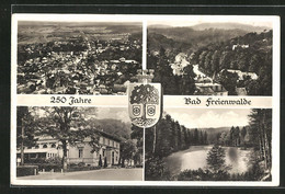 AK Bad Freienwalde, Stadtwappen, Fliegeraufnahme Des Ortes, Gasthaus Mit Terrasse - Bad Freienwalde