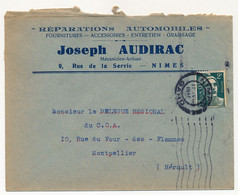 FRANCE - Env. En-tête "Réparations Automobiles...Joseph Audirac - NIMES" Affr 2F Gandon - 1948 - Cars