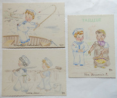 Lot 3 DESSINS ORIGINAUX G REUZE SIGNES Crayons De Couleur Marins Mousses +1 4è à La Mine De Plomb Jeune Fille Dessin - Platten Und Echtzeichnungen