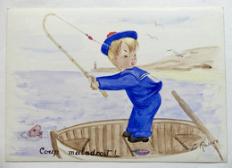 DESSIN ORIGINAL G REUZE Signé Aquarelle Marin Mousse à La Pêche Coup Maladroit ! - Planches Et Dessins - Originaux