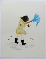 DESSIN ORIGINAL G REUZE Signé Aquarelle JEUNE FILLE AU PARAPLUIE Coup De Vent - Dibujos Originales