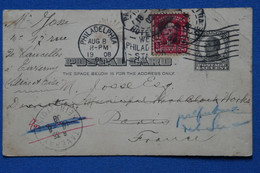 X9  ETATS UNIS    BELLE CARTE  1908    PHILADELPHIA POUR PARIS FRANCE    + + AFFRAN.  INTERESSANT - Briefe U. Dokumente