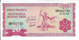 BURUNDI - 20 FRANCHI 01/10/89 - FIOR DI STAMPA - WYSIWYG - N° SERIALE BR992736 - CARTAMONETA - PAPER MONEY - Burundi