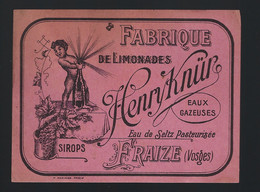 Ancienne étiquette Fabrique De Limonades  Eaux Gazeuses Eau De Seltz Henri Knür  Fraize Vosges 88  " Superbe" - Limonaden & Soda