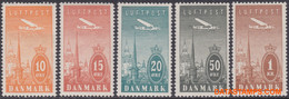 Denemarken 1934 - Mi:217/221, Yv:PA 6/10, Airmail Stamps - XX - Plane Above Copenhagen - Poste Aérienne