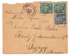 Lettre 1898 Cachet Ambulant Audun Le Roman à Charleville Leipzig Allemagne 1898 Paire Sage 5 Centimes + Piquage - 1898-1900 Sage (Type III)