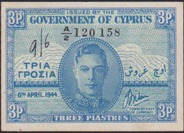 Ref. 760-1182 - BIN CYPRUS . 1944. 1944 CYPRUS 3 PIASTRES CHIPRE	. 1944 CYPRUS 3 PIASTRES CHIPRE - Chypre