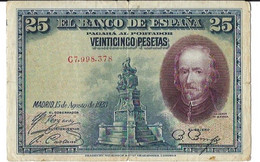 SPAGNA 25 PESETAS 1928 - WYSIWYG - N° SERIALE C7998378 - CARTAMONETA - PAPER MONEY - 1-2-5-25 Pesetas