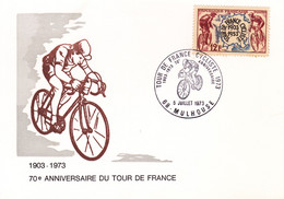 SOUVENIR PHILATELIQUE / TOUR DE FRANCE CYCLISTE / 70° ANNIVERSAIRE / 5.07.1973 MULHOUSE 68/TP N° 955 X 3 EXEMPLAIRES - Briefe U. Dokumente