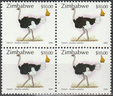 Zimbabwe - 2000 - Ostrich Block Of 4 - Struisvogels