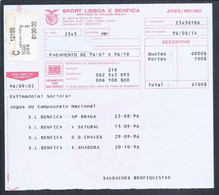 Recibo De Quota Do Benfica Paga Por Cobrança Postal Nas Picoas, Lisboa. Jogos Do Benfica, SP. Braga, V. Setúbal, Chaves - Cartas & Documentos