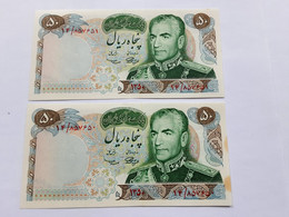 Pair Of 50 Rials Of Memory 1350 , P-97a Amoozegar-Samiei In Unc. / Aunc. Condition, With Yellow Stain - Iran