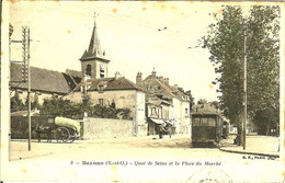 95 BEZONS QUAI DE SEINE ET PLACE DU MARCHE TRAM DEVANT LE CAFE ATTELAGES TOUTES PREMIERES COULEURS 1906 - Bezons