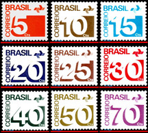 Ref. BR-1248-56 BRAZIL 1972 ., 1973 1974 1975, NUMERAL,, POST OFFICE EMBLEM, SET COMPLETE MNH 9V Sc# 1248-1256 - Nuovi