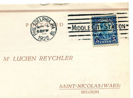 1928 Postcard From Philadelphia PA 18 To Sint Niklaas - See Slogan MIDDLE CITY STATION  - 5c - 1921-40