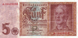 GERMANY 5 Reichs Mark (1939) 1942 F PREFIX "A" P-186a "free Shipping Via Registered Air Mail) - 5 Reichsmark