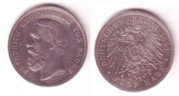 5 Mark Silber Münze Baden A Ohne Querstrich 1891 G F.vz/vz (107525) - 2, 3 & 5 Mark Plata