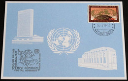 UNO GENF 1979 Mi-Nr. 84 Blaue Karte - Blue Card Mit Erinnerungsstempel BPE LONDON - Lettres & Documents