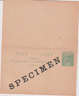 MALESIE-PERAK-CP-ENTIER 1 C.+ ENTIER CPRP 1 C.neuve En Spécimen 1890-recto-verso - Perak