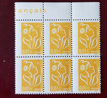 Variété Marianne De Lamouche 0.01 C Piquage Déplacé  Bloc De 6 Haut De Feuille - Ungebraucht