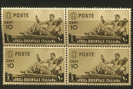 AFRICA ORIENTALE ITALIANA 1938 SOGGETTI VARI P.O. 10 C. QUARTINA ** MNH - Afrique Orientale Italienne
