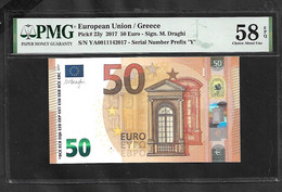Greece  "Y" 50  EURO  DRAGHI Signature! CHOICE AUNC "Y" Printer Y003H5 PMG 58 Exceptional Paper Quality  Rare Bank Note! - 50 Euro