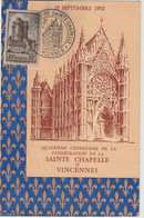 France 1952 Centenaire Sainte Chapelle Vincennes, Voyagée - Cachets Commémoratifs