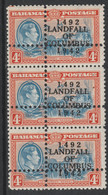 Bahamas 1942 KG6 Landfall Of Columbus 4d Blue & Orange (Sea Garden) U/M Vert Strip Of 3 With Perforations Doubled - Bahamas (1973-...)