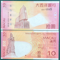 MACAU, MACAO - 2010 BANCO NACIONAL ULTRAMARINO 10 PATACAS UNC WITH "BB" PREFIX - Macao