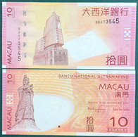 MACAU, MACAO - 2010 BANCO NACIONAL ULTRAMARINO 10 PATACAS UNC WITH "BB" PREFIX - Macau