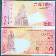 MACAU, MACAO - 2010 BANCO NACIONAL ULTRAMARINO 10 PATACAS UNC WITH "ZZ" REPLACEMENT - Macau