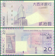 MACAU, MACAO 2010 BANCO NACIONAL ULTRAMARINO 20 PATACAS UNC "AY" PREFIX (FIRST?) - Macao