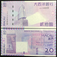 MACAU, MACAO 2013 BANCO NACIONAL ULTRAMARINO 20 PATACAS UNC LUCKY NUMBER 999 - Macao