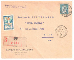 PARIS 49 R Petits Champs Lettre Recommandée Entête Banque Catalogne Etiquette Tuberculose 1929 1,50 F Pasteur Yv 181 - Brieven En Documenten