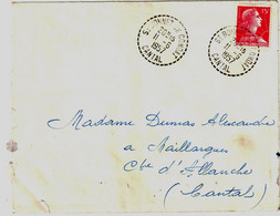 St BONNET DE CONDAT Cantal Lettre 15 F Muller Rouge Yv 1011 Ob Recette Distribution Pointillé Yv B7 Ob 11 6 1957 - Manual Postmarks