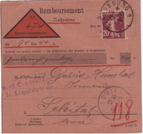 1920 - ALSACE - SEMEUSE / CP REMBOURSEMENT BILINGUE (TIMBRE FISCAL AU DOS !) CACHETS PROVISOIRES ! => SELESTAT - 1906-38 Semeuse Camée