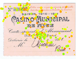 T/ Casino Cercle/ France/  1910-1911 Casino Municipal De Nice. / @ Steevbe - Tickets - Entradas