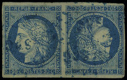 Oblitéré N° 12a, 20c Bleu Paire Tete Beche Obl SNG En Bleu, T.B. RRR, Signé + Certificat Brun. Maury - Autres & Non Classés