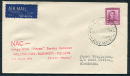 1953 (March 26th) New Zealand First Flight Airmail Cover Wellington - Blenheim - Corréo Aéreo