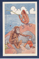 CPA Singe Monkey Position Humaine Non Circulé Pêche à La Ligne - Monos