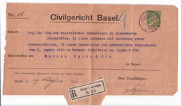 SUISSE - 1910 - RARE ENTIER (INCOMPLET) RECOMMANDE De SERVICE De La COUR CIVILE De BALE => THIONVILLE / DIEDENHOFEN - Interi Postali