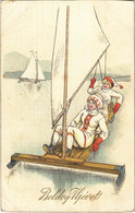 T4 1916 Boldog Újévet! Jégvitorlázás, Téli Sport / Ice Boating, Ice Yachting, Winter Sport Art Postcard With New Year Gr - Non Classificati