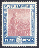 Argentina, 1912 Labrador (Ploughman) 20 Pesos. Very Fine Unused OG - Neufs