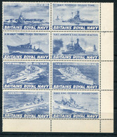 WW2 "Britain's Royal Navy" Block Of 8 Mint Charity Patriotic Labels (Blue) HMS Rodney Revenge Victorious Devonshire Etc - Cinderellas