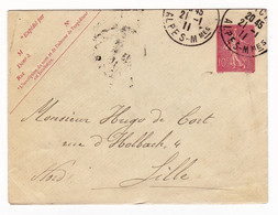 Enveloppe 1911 Entier Postal Semeuse 10 Centimes Nice Alpes Maritimes Pour Lille Nord Hugo De Cort Numismatie - Buste Postali E Su Commissione Privata TSC (ante 1995)